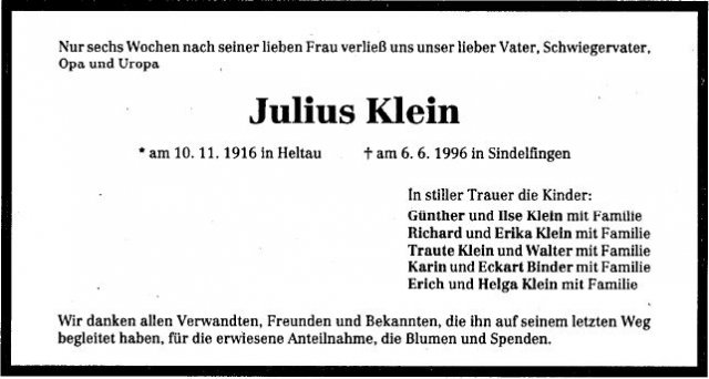 Klein julius 1916-1996 Todesanzeige
